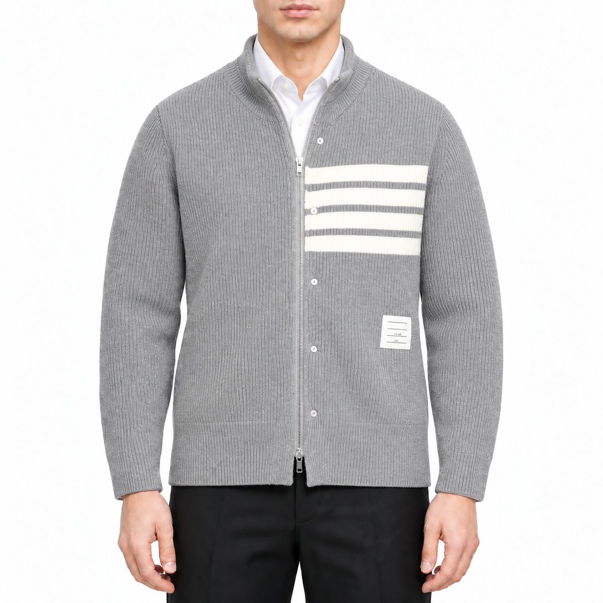 Unisex double-sided fake two-piece jacket by Thom Browne, modeled on a pure white background