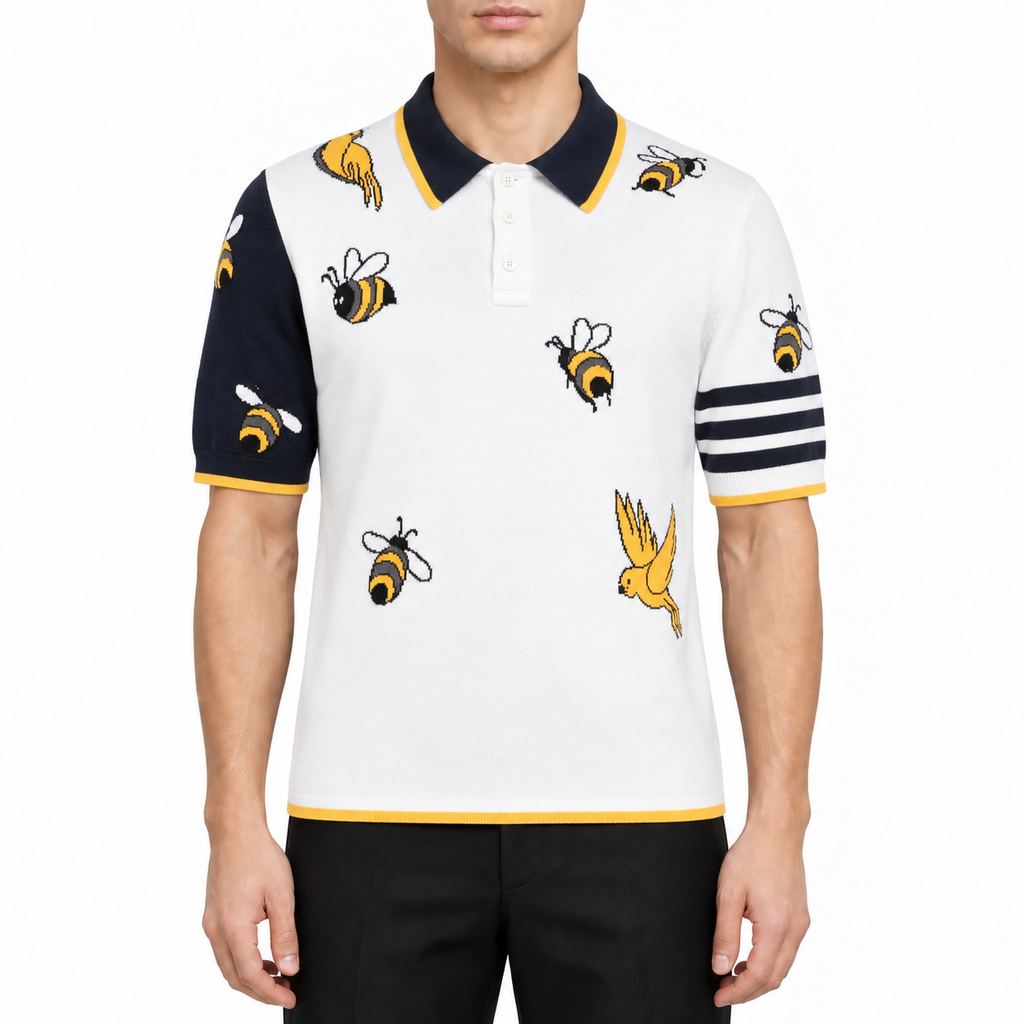Wool T-shirts by Thom Browne, modeled on a pure white background