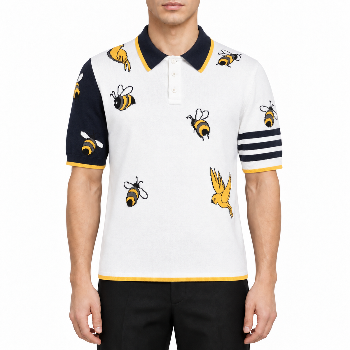 Wool T-shirts by Thom Browne, modeled on a pure white background