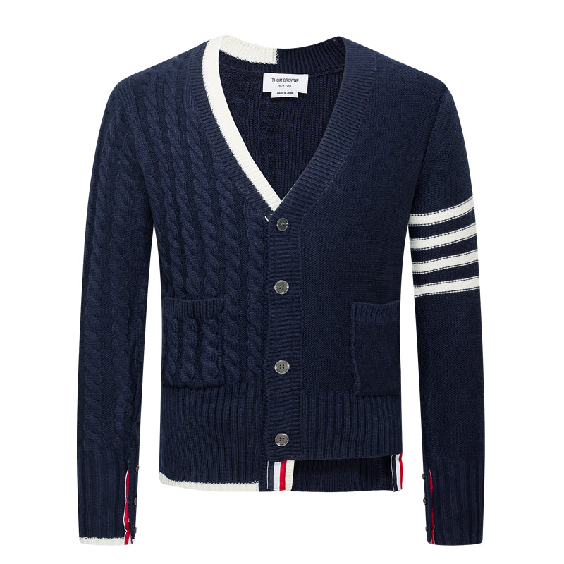 Classic Four-Bar Thickened Wool Cardigan by Thom Browne, knitwear detail view