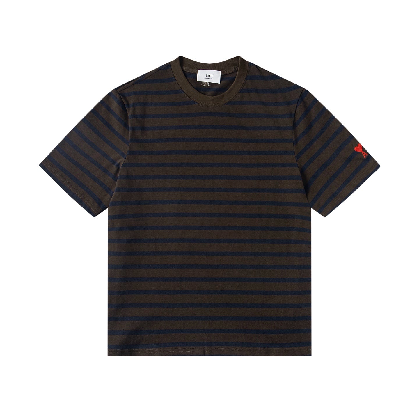 Heart Embroidery Striped Short-Sleeve T-Shirt ¨C Gray & Brown
