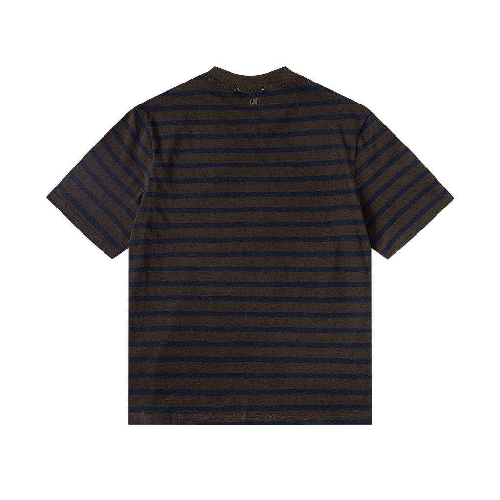 Heart Embroidery Striped Short-Sleeve T-Shirt ¨C Gray & Brown