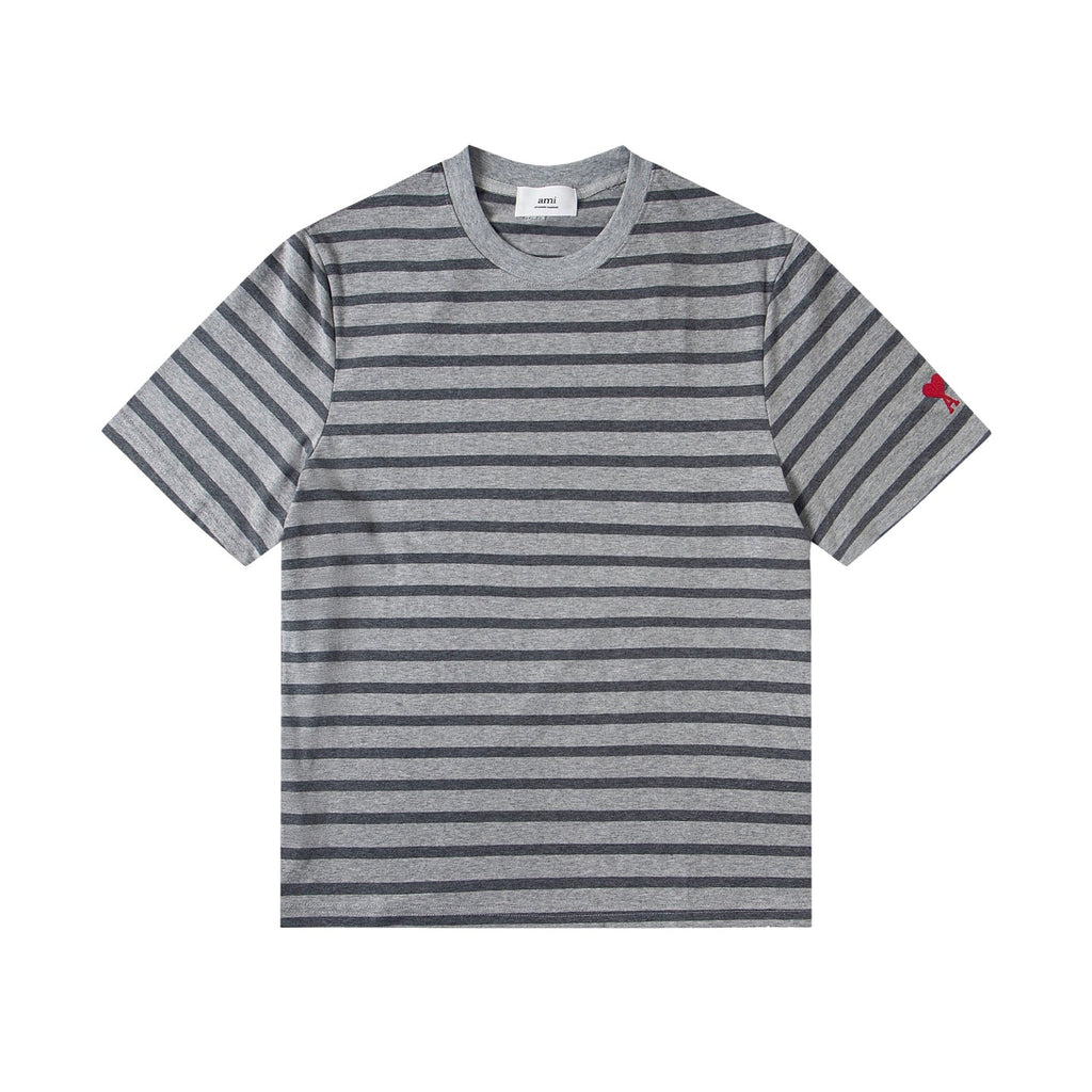 Heart Embroidery Striped Short-Sleeve T-Shirt ¨C Gray & Brown