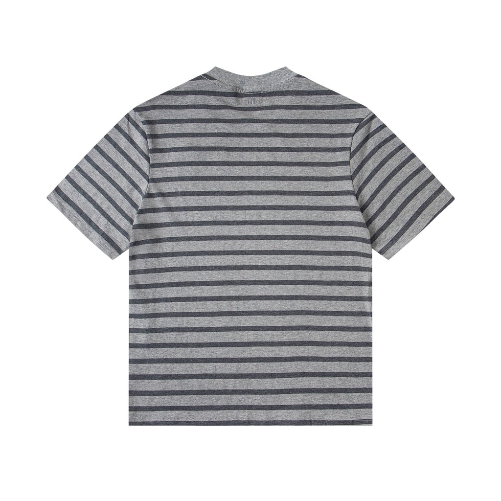 Heart Embroidery Striped Short-Sleeve T-Shirt ¨C Gray & Brown