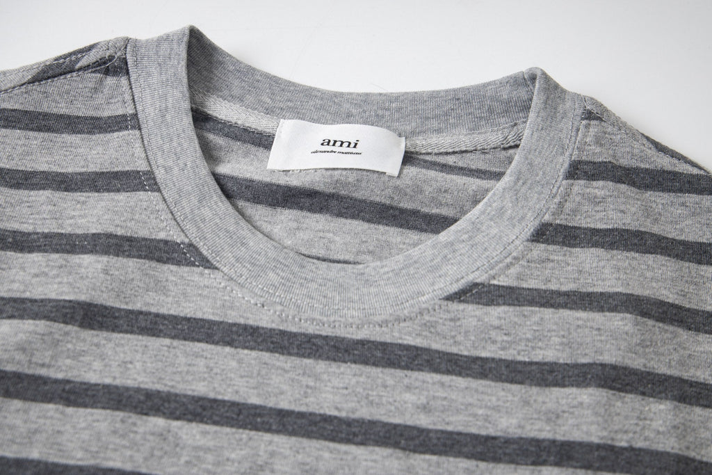 Heart Embroidery Striped Short-Sleeve T-Shirt ¨C Gray & Brown