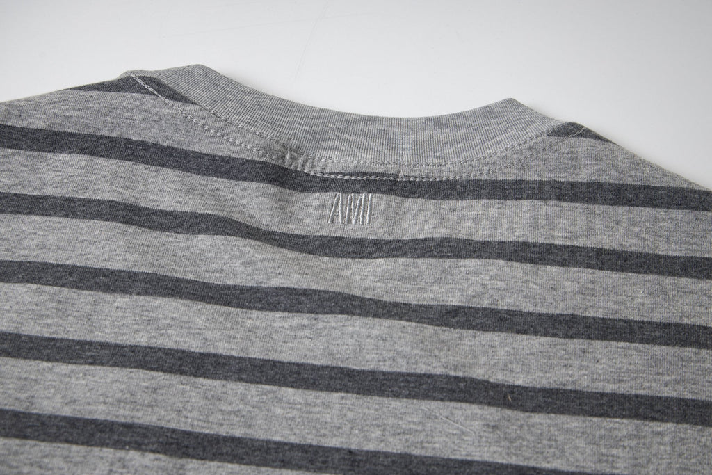 Heart Embroidery Striped Short-Sleeve T-Shirt ¨C Gray & Brown