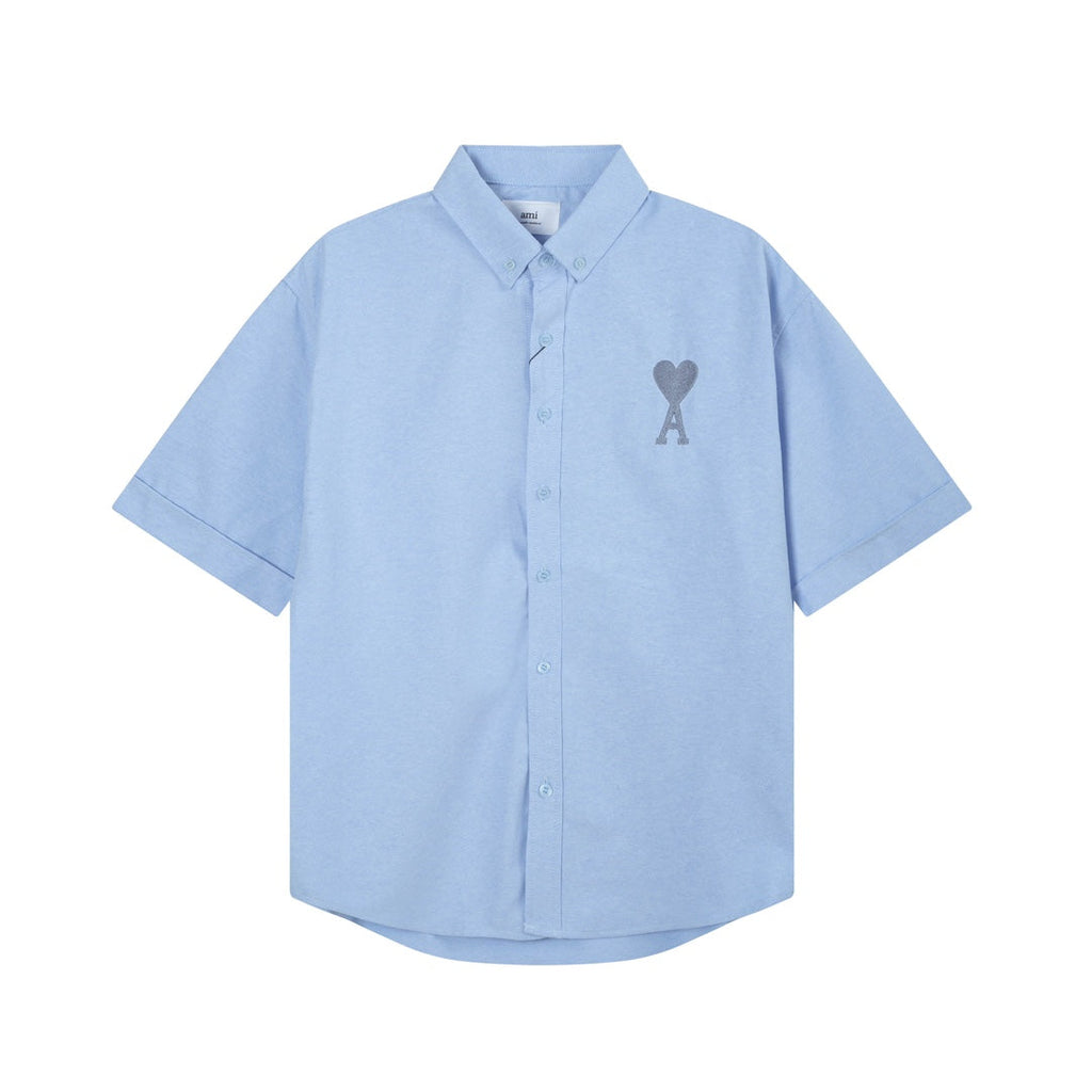 Unisex Heart Embroidery Short-Sleeve Oxford Shirt