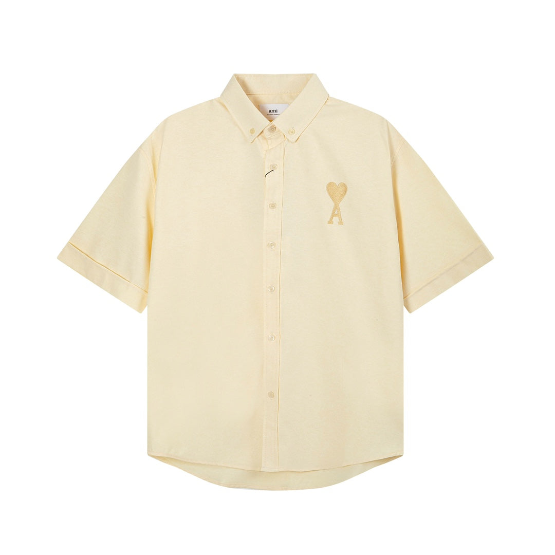 Unisex Heart Embroidery Short-Sleeve Oxford Shirt