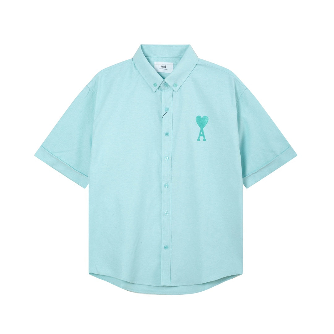 Unisex Heart Embroidery Short-Sleeve Oxford Shirt