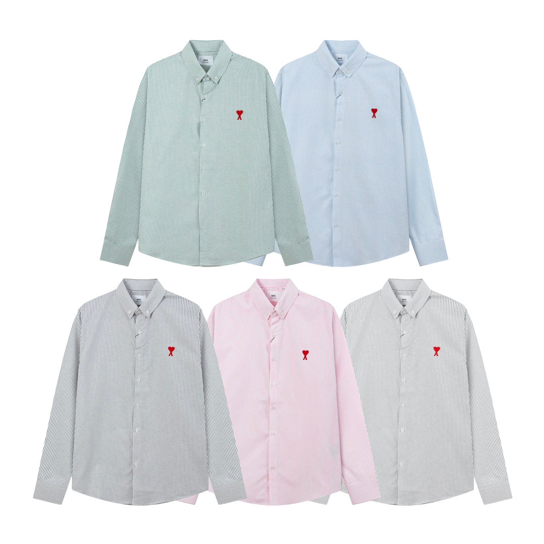 Unisex Heart Embroidery Striped Oxford Shirt