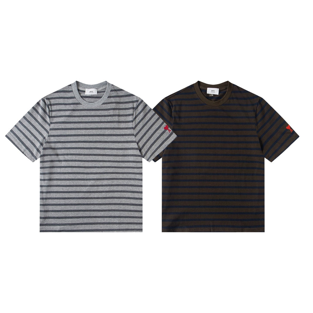 Heart Embroidery Striped Short-Sleeve T-Shirt ¨C Gray & Brown