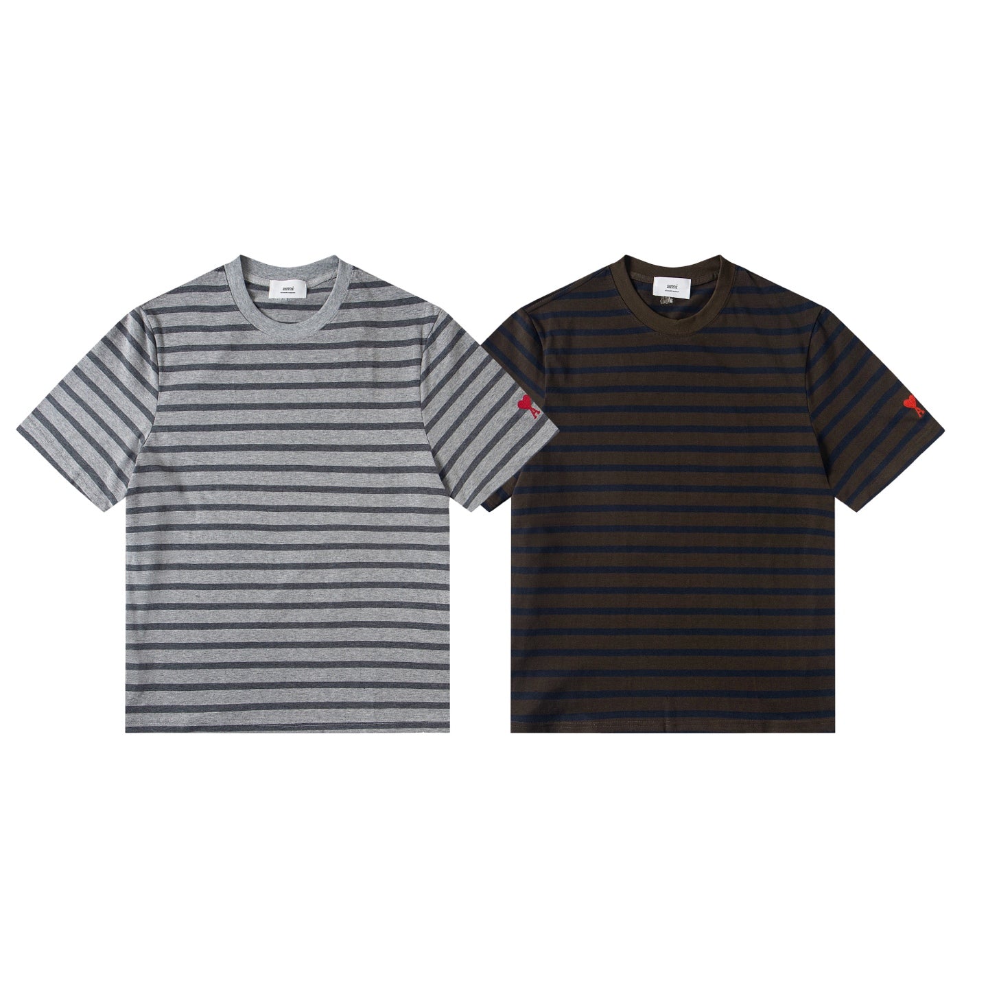 Heart Embroidery Striped Short-Sleeve T-Shirt ¨C Gray & Brown