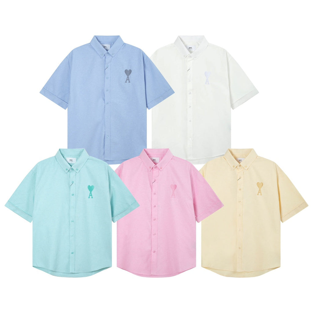 Unisex Heart Embroidery Short-Sleeve Oxford Shirt