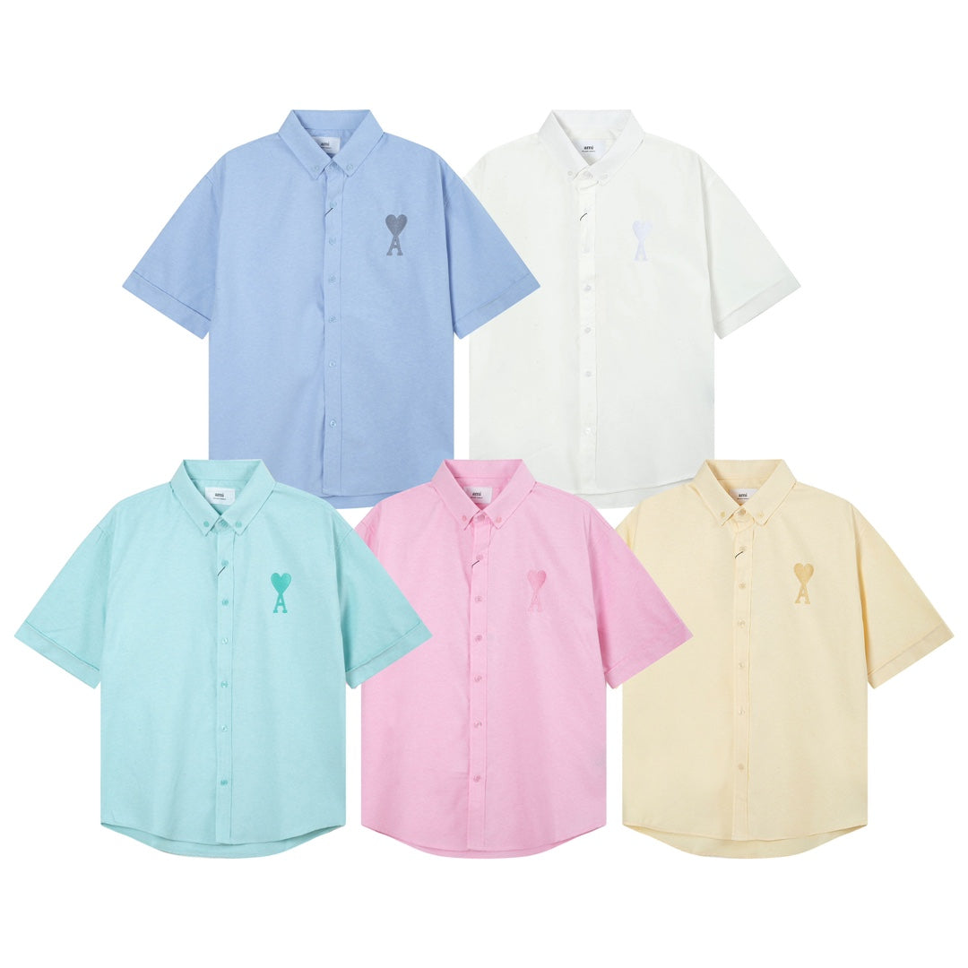 Unisex Heart Embroidery Short-Sleeve Oxford Shirt