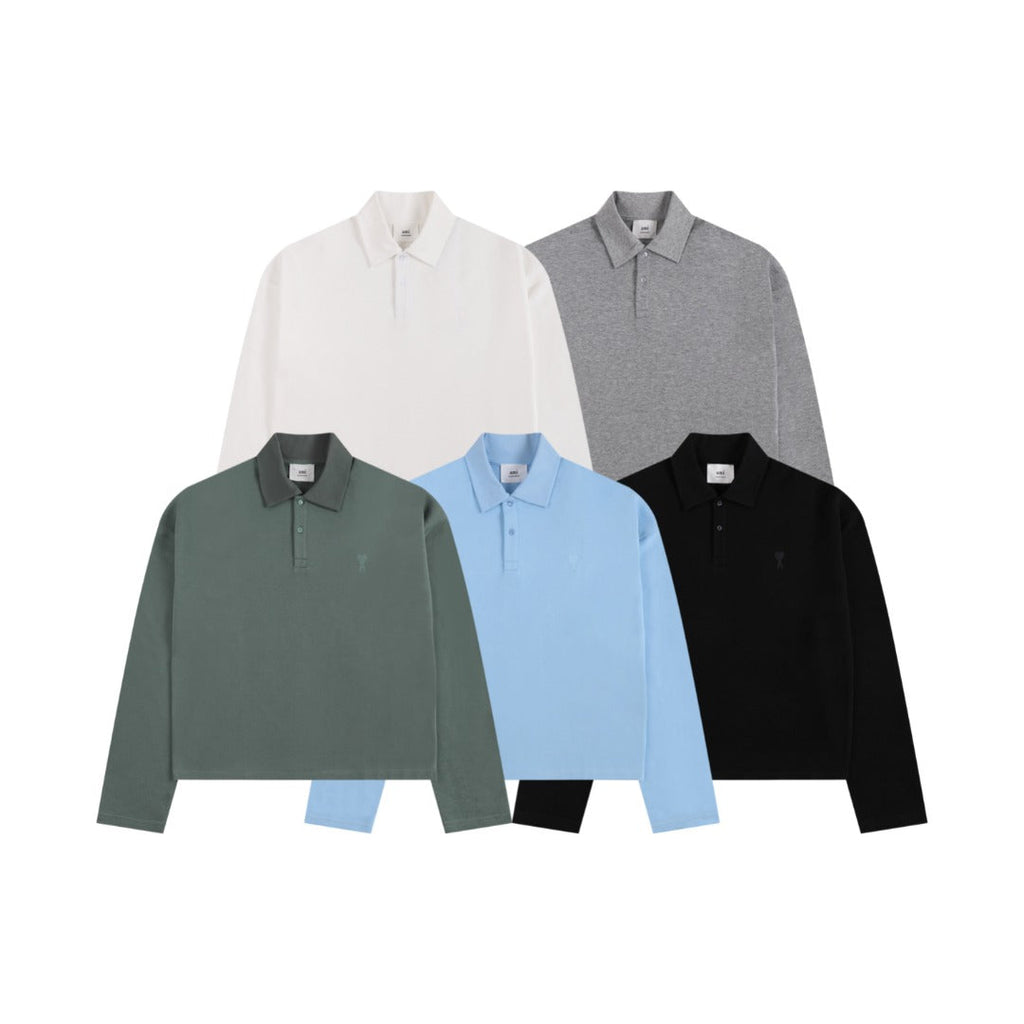 Heart Embroidery Long-Sleeve Polo Shirt ¨C 5 Colors