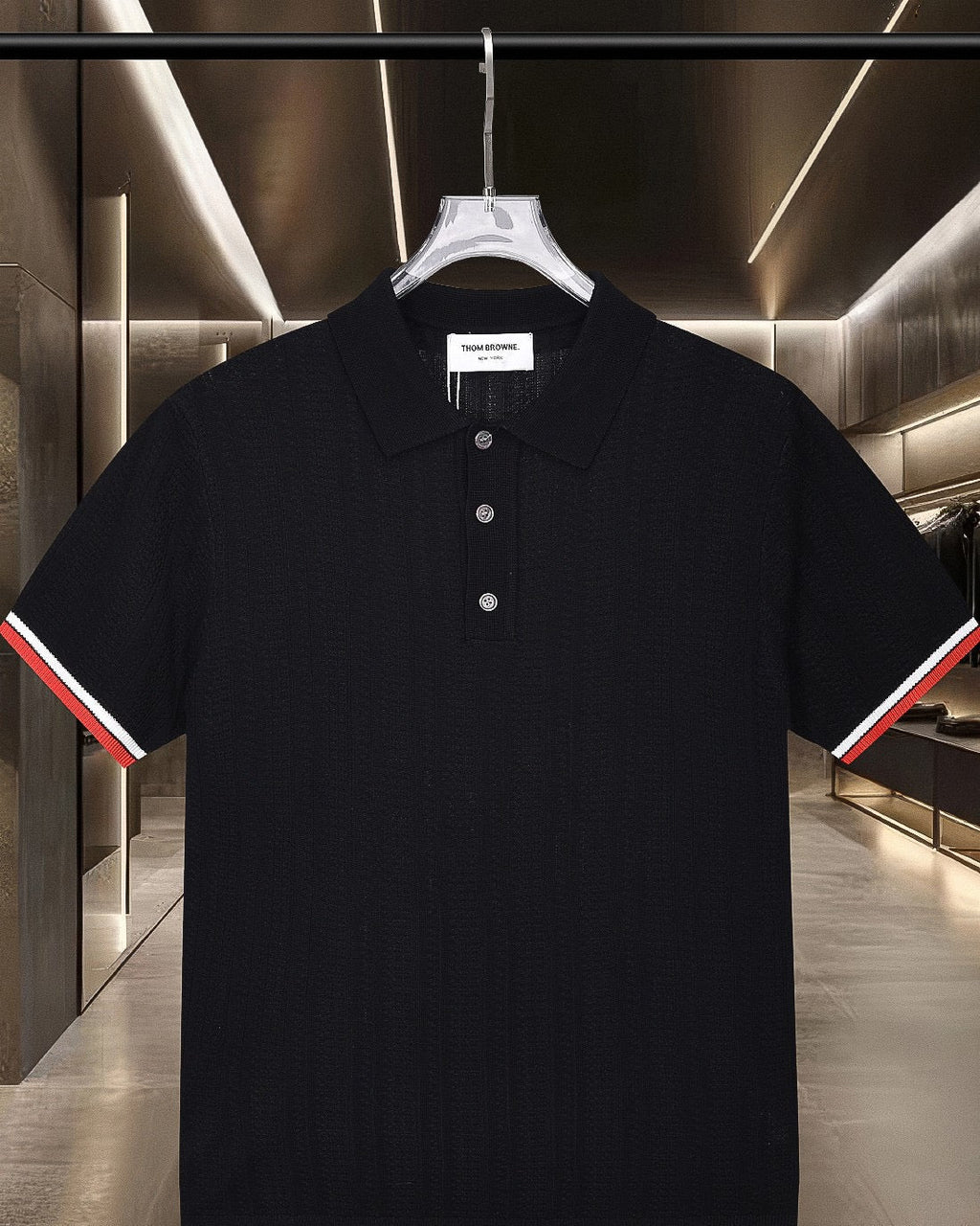 Four-Bar Stripe Knit Polo by Thom Browne, product detail view
