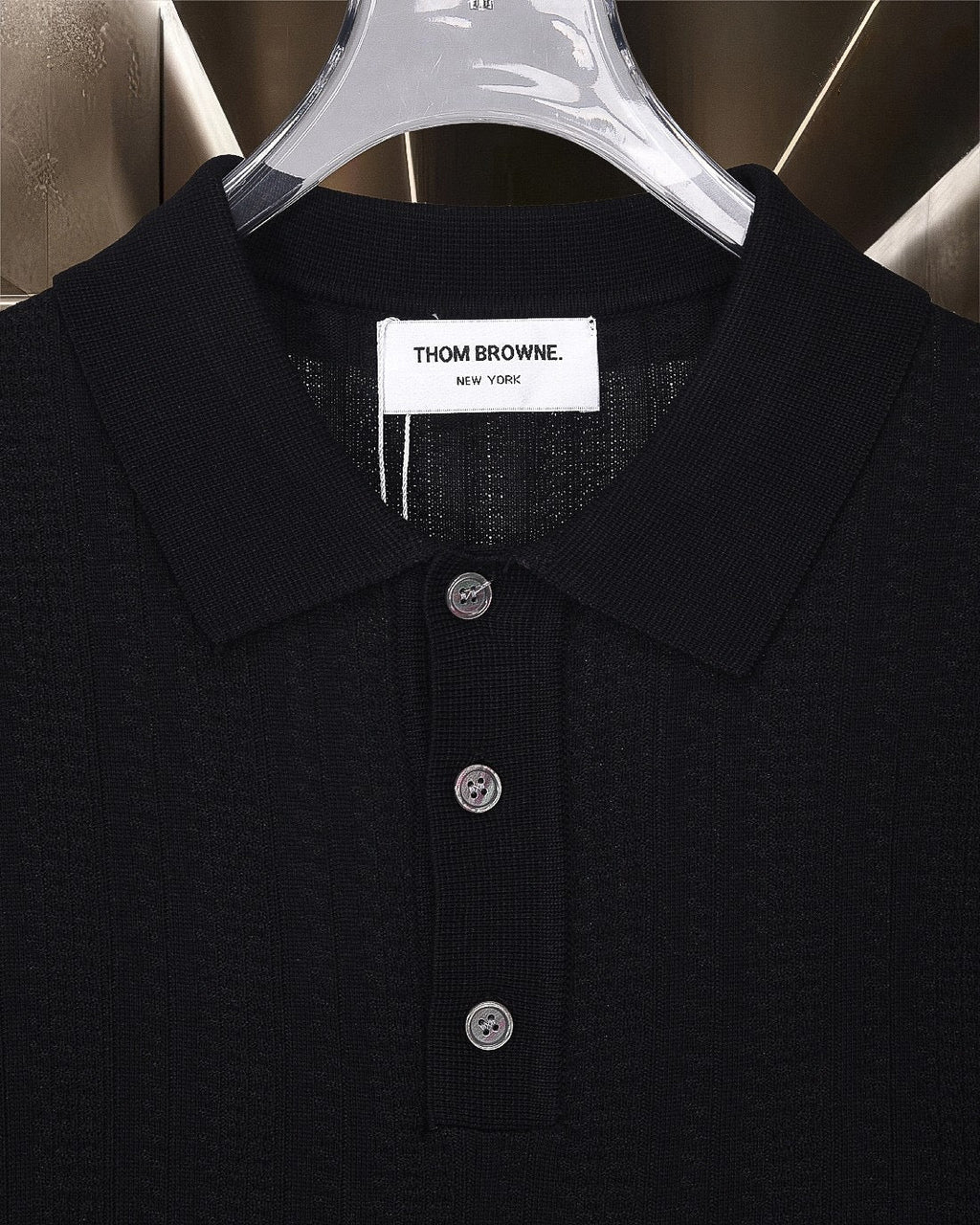 Four-Bar Stripe Knit Polo by Thom Browne, product detail view