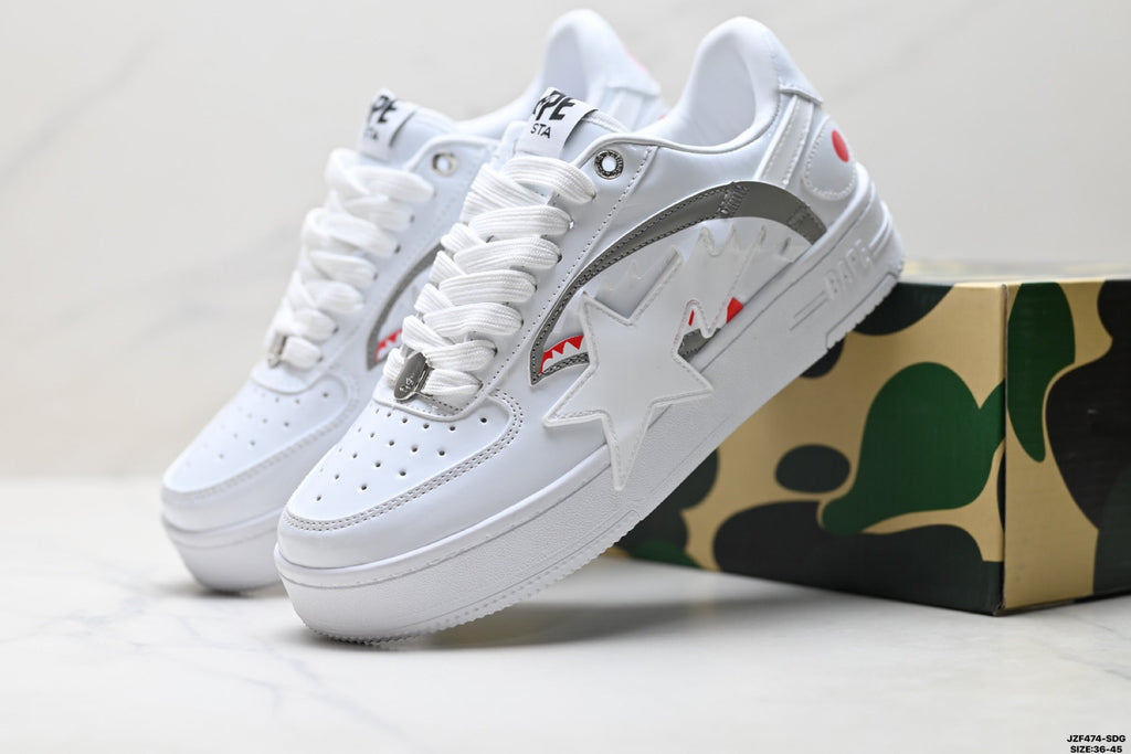 BAPE-Inspired Low-Top Streetwear Sneakers – Triple White