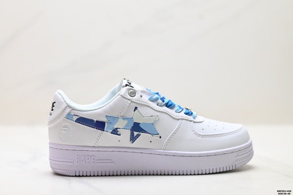 BAPE-Inspired Low-Top Streetwear Sneakers – White / Blue Camo