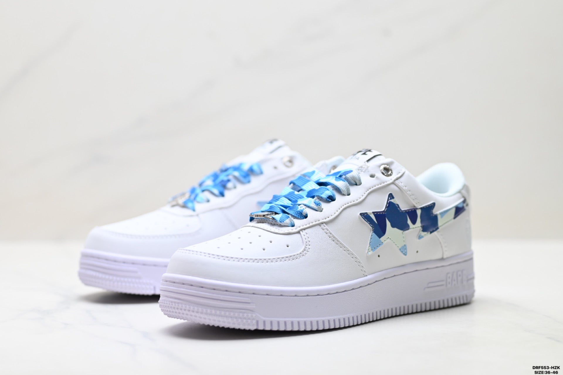 BAPE-Inspired Low-Top Streetwear Sneakers – White / Blue Camo