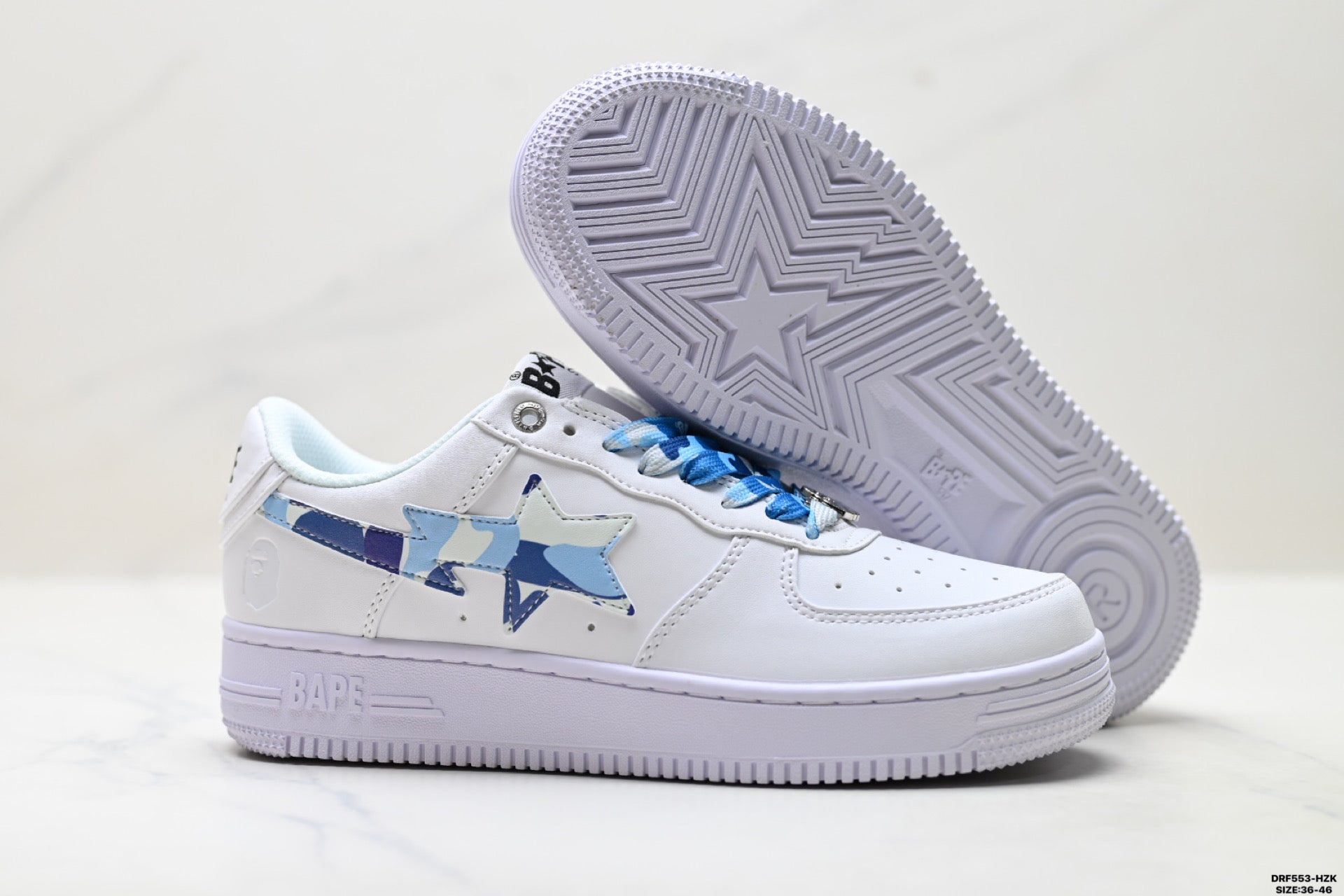 BAPE-Inspired Low-Top Streetwear Sneakers – White / Blue Camo