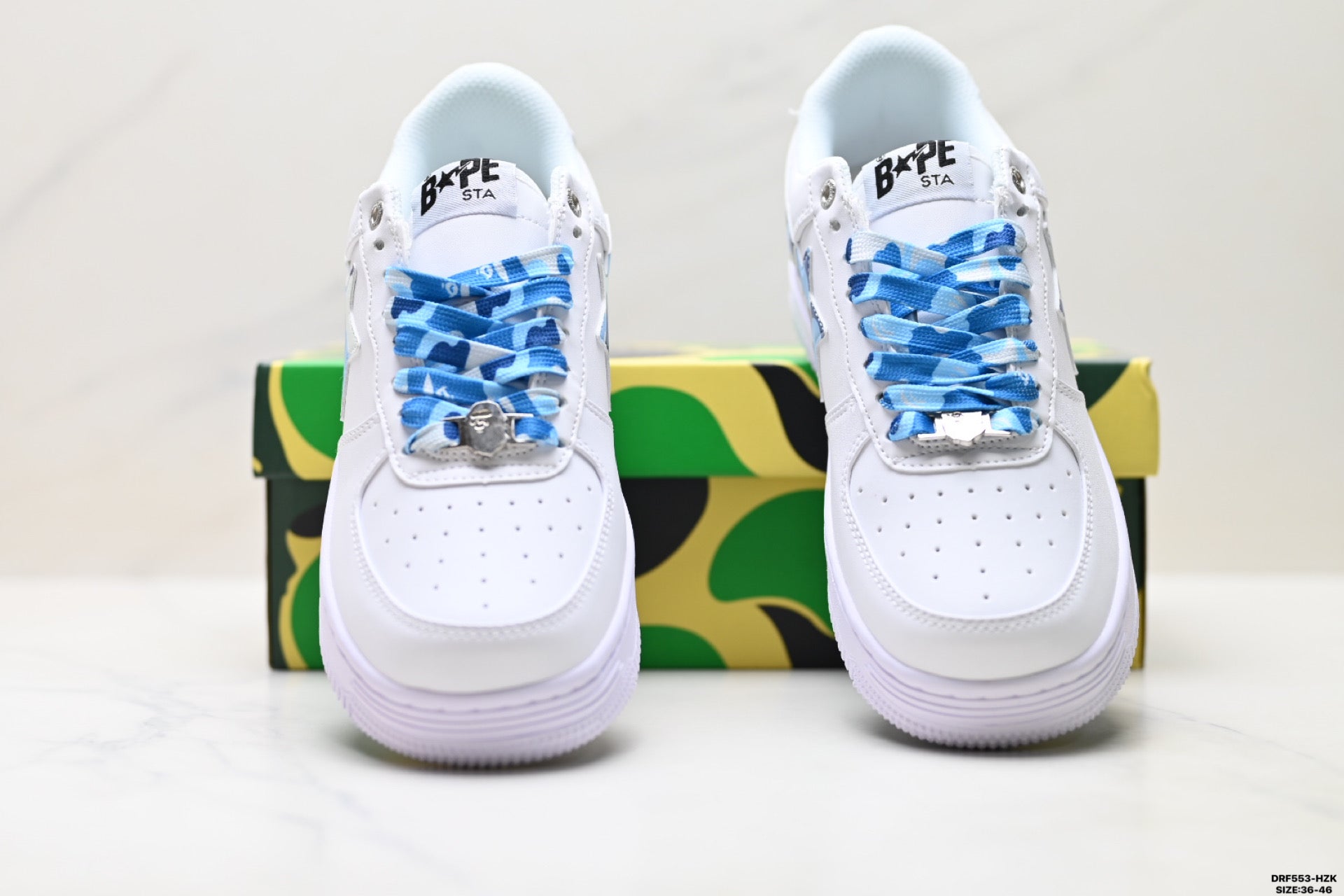 BAPE-Inspired Low-Top Streetwear Sneakers – White / Blue Camo