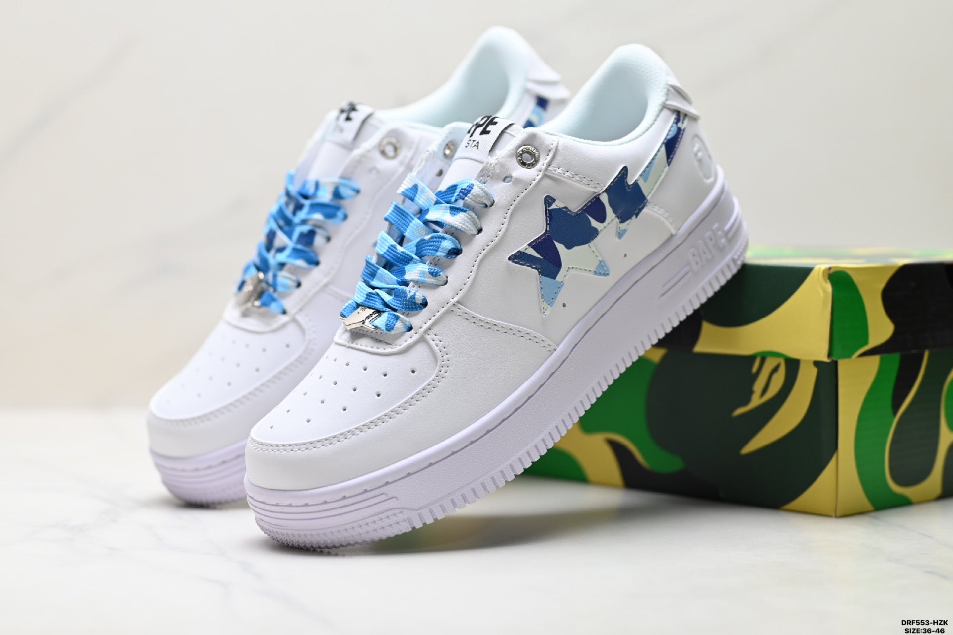 BAPE-Inspired Low-Top Streetwear Sneakers – White / Blue Camo