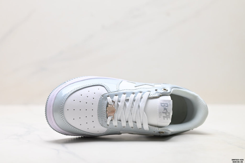BAPE-Inspired Low-Top Streetwear Sneakers – Silver / White