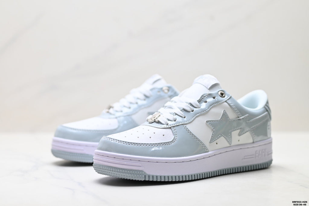 BAPE-Inspired Low-Top Streetwear Sneakers – Silver / White
