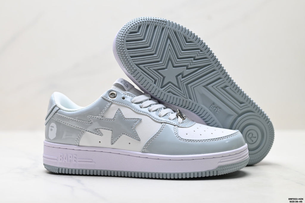 BAPE-Inspired Low-Top Streetwear Sneakers – Silver / White