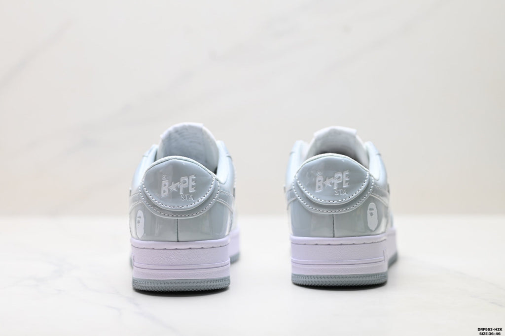 BAPE-Inspired Low-Top Streetwear Sneakers – Silver / White