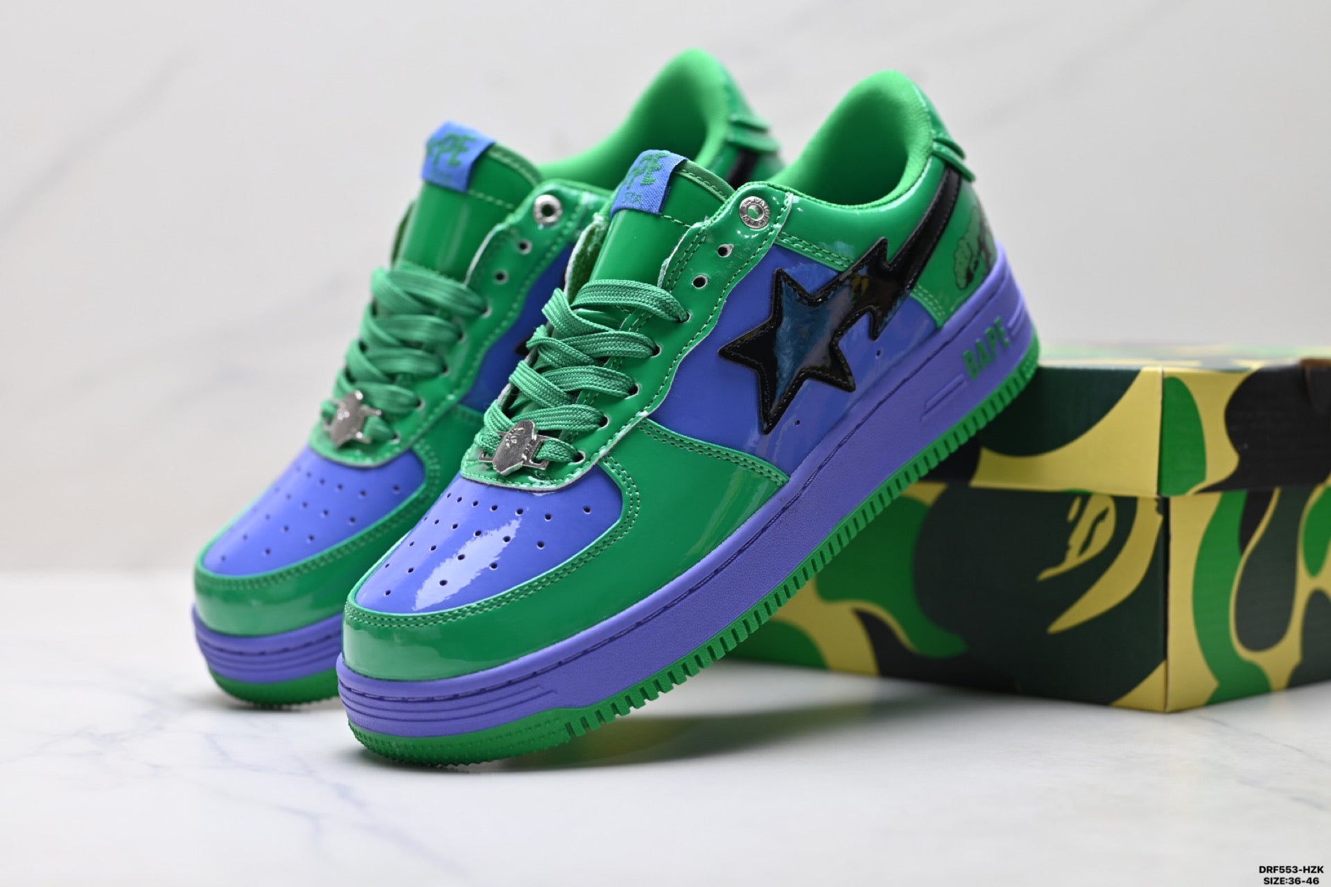 BAPE-Inspired Low-Top Streetwear Sneakers – Green / Purple