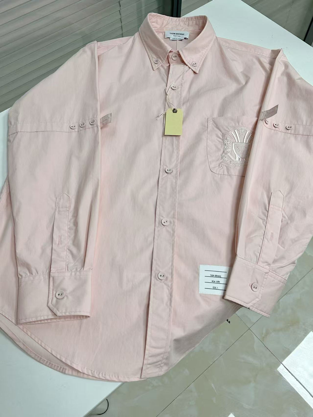 Pocket Crest Embroidered Oversized Poplin Shirt - Long Sleeve by Thom Browne, shirt detail view