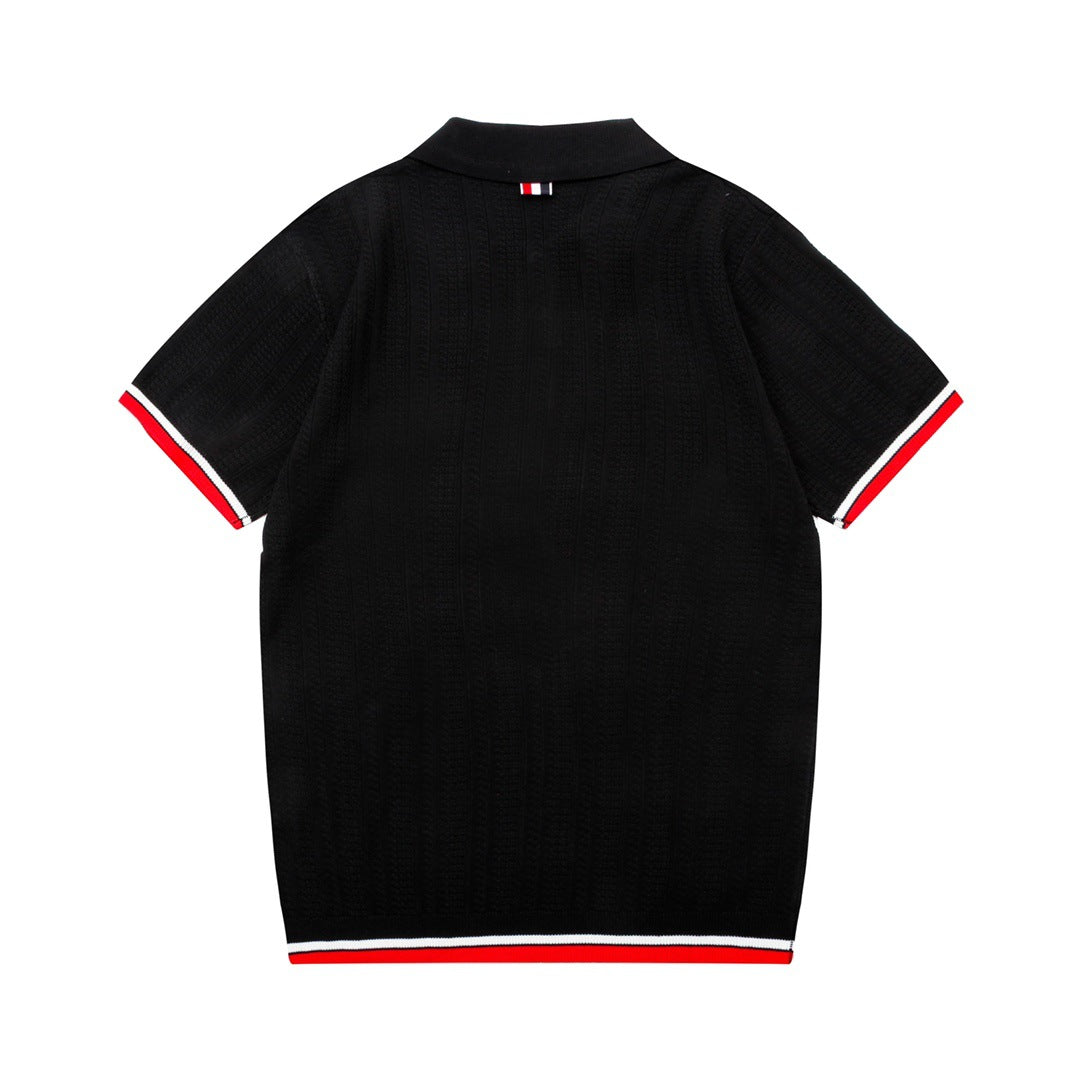 Four-Bar Stripe Knit Polo by Thom Browne, product detail view