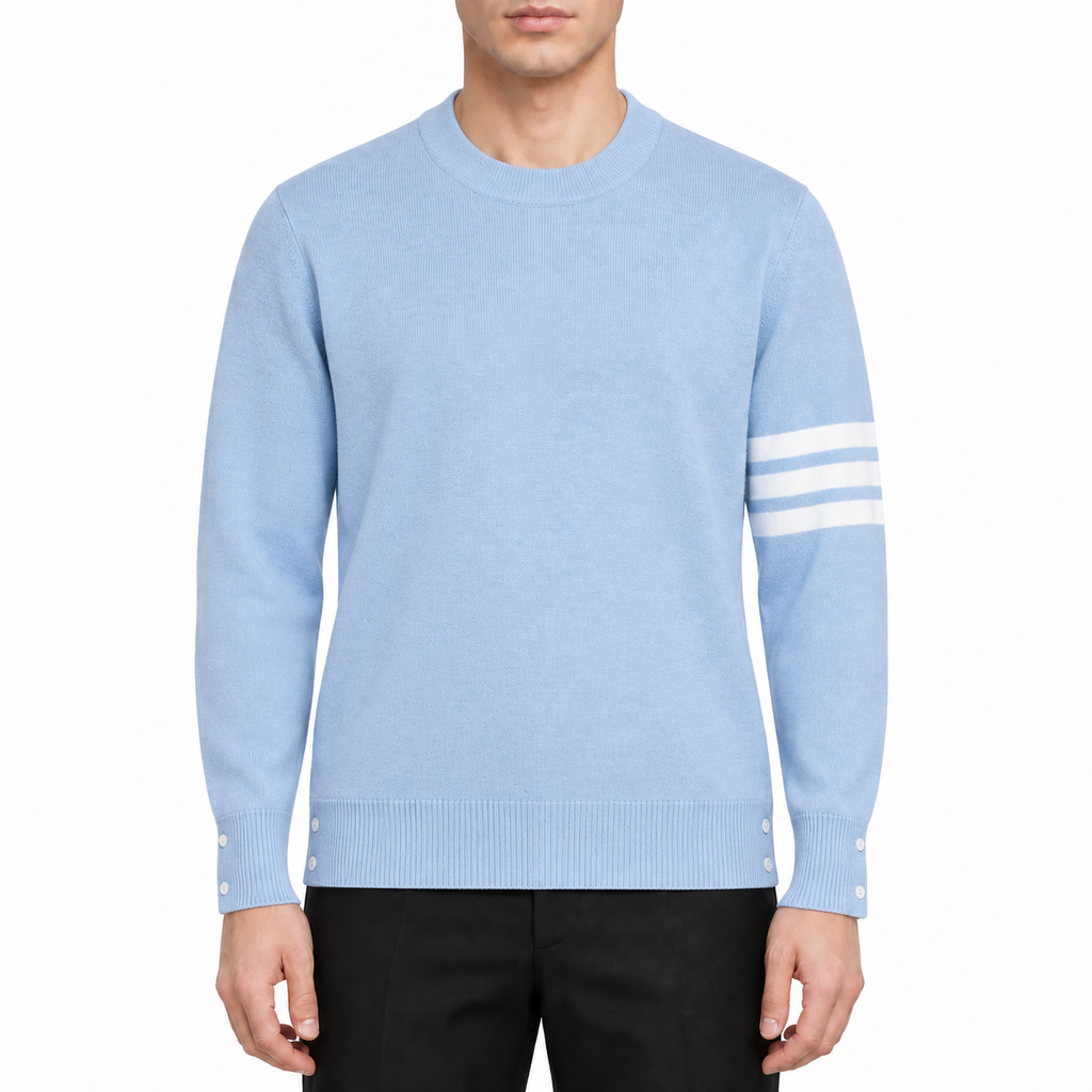 Unisex sweater by Thom Browne, modeled on a pure white background