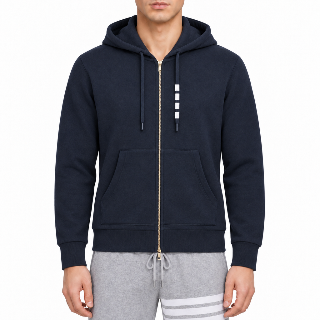 Four-bar Hoodie by Thom Browne, modeled on a pure white background
