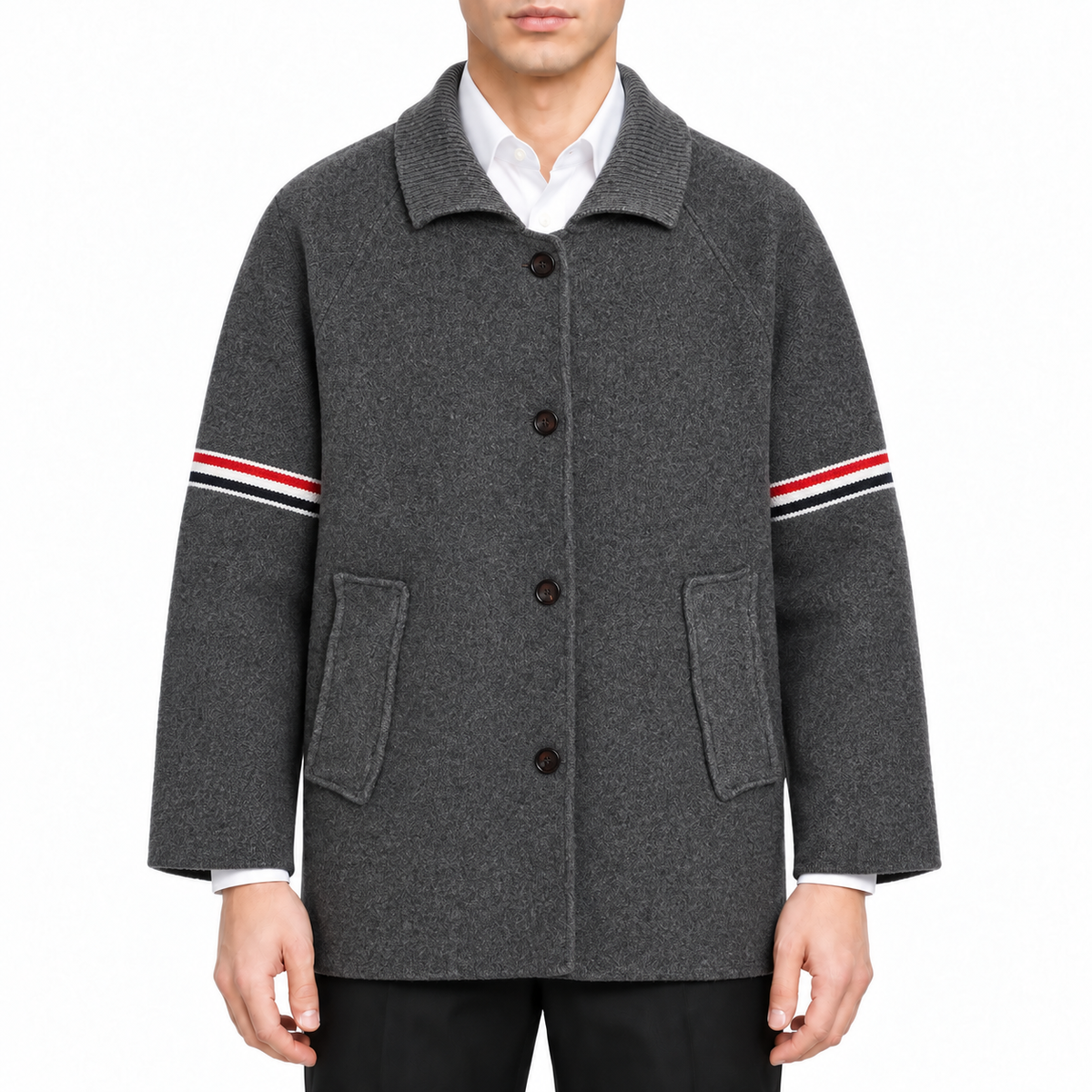 Unisex wool coat with webbing sleeves by Thom Browne, modeled on a pure white background