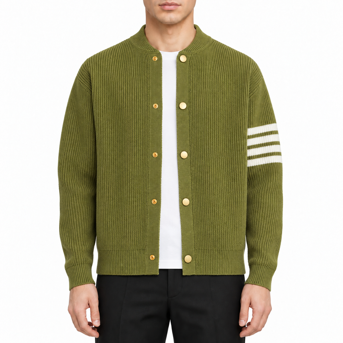 Single-Breasted Knit Sweater by Thom Browne, modeled on a pure white background
