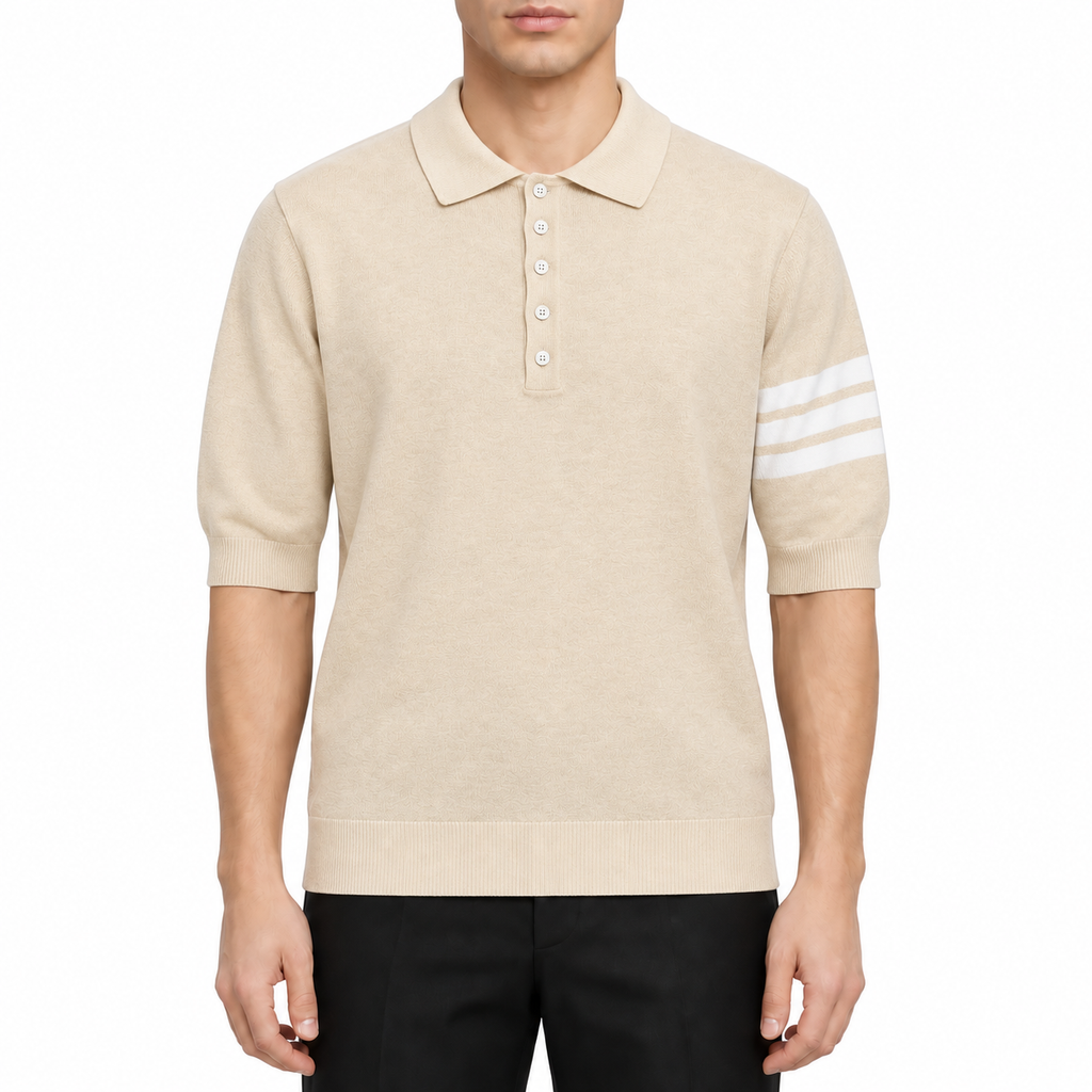 Four-Bar Polo Collar Short Sleeve Shirt by Thom Browne, modeled on a pure white background