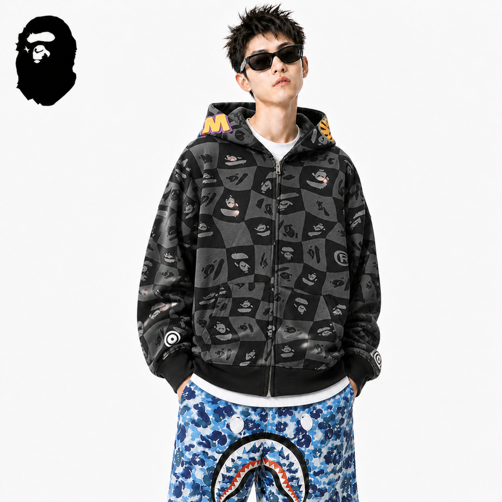 BAPE Black Grey Shark Zip Hoodie styled on a male model