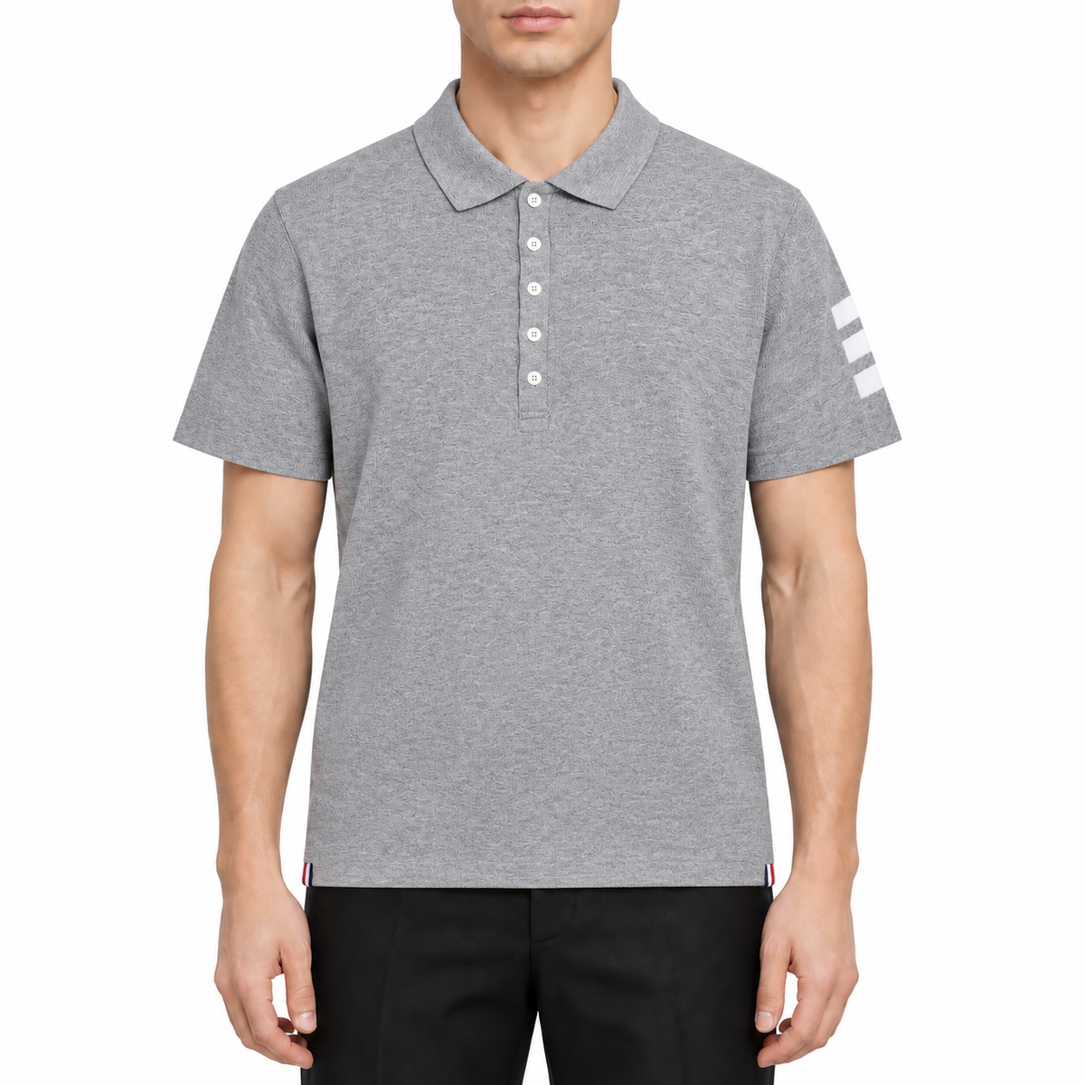 Four-bar sleeve T-shirt by Thom Browne, modeled on a pure white background