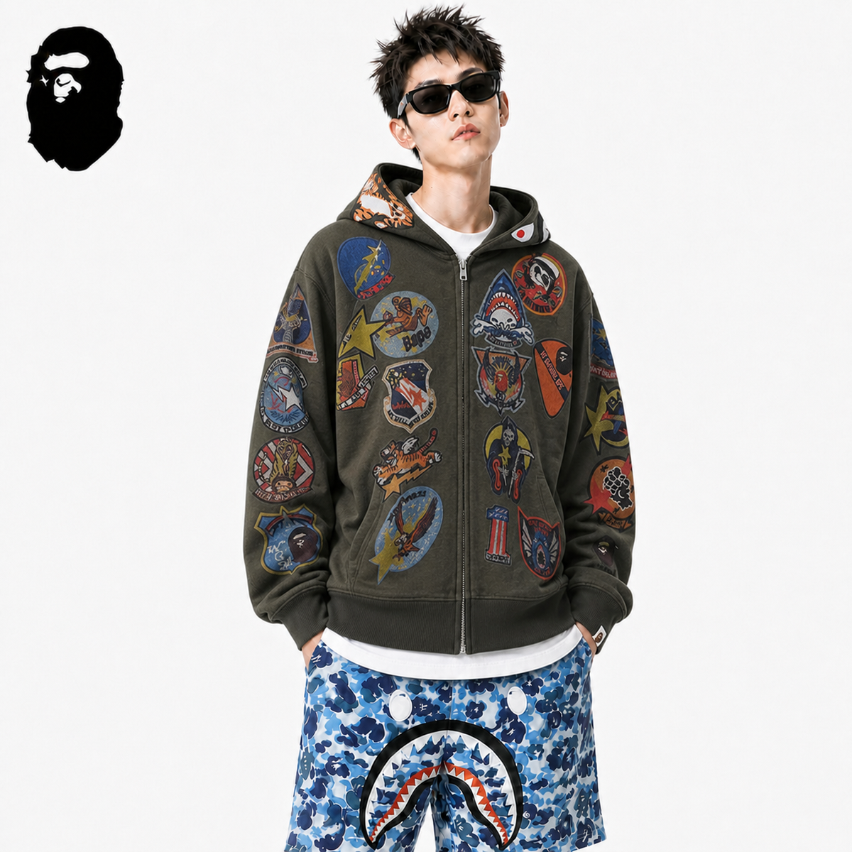 BAPE Tiger & Shark Full-Zip Hoodie styled on a male model