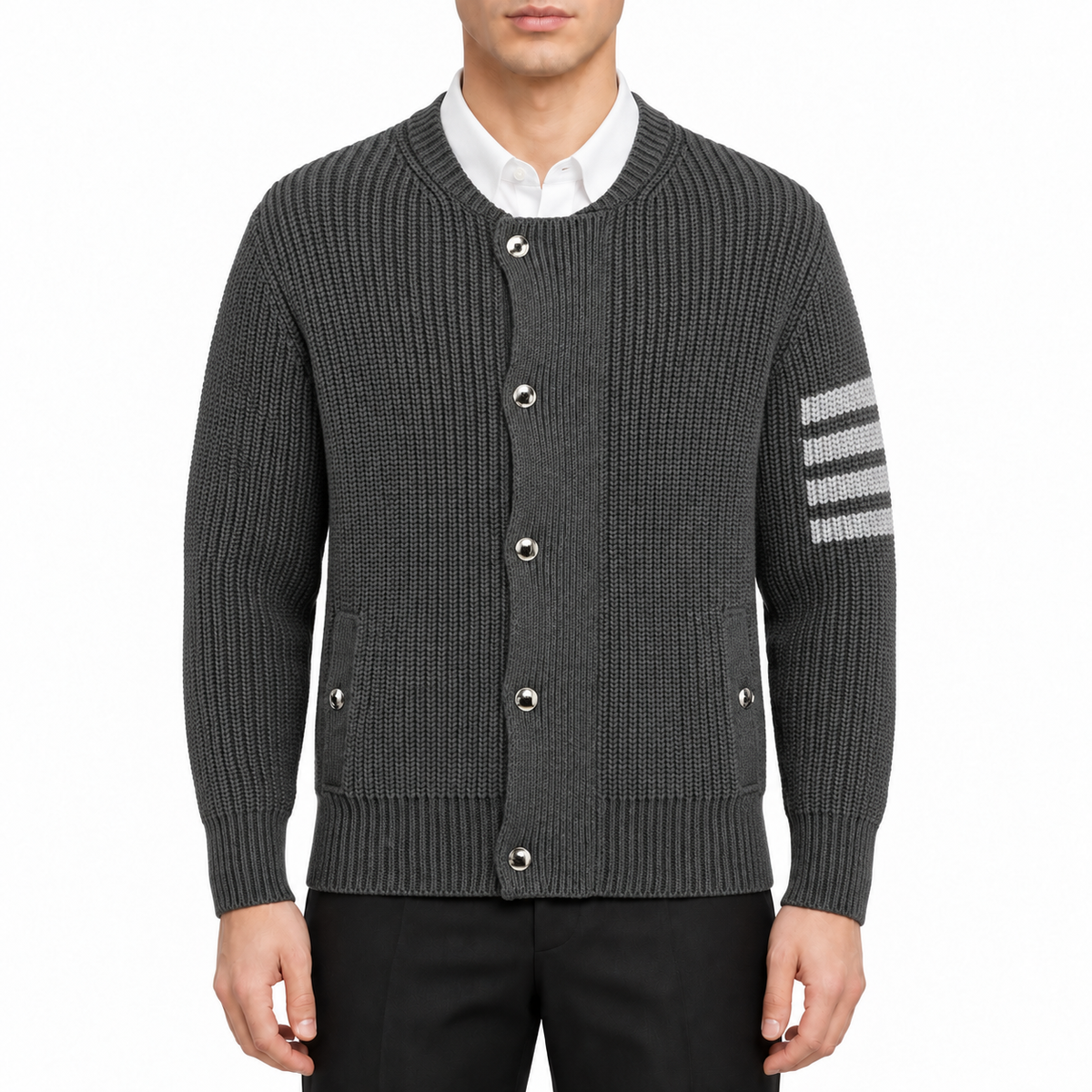 Men's Cardigan by Thom Browne, modeled on a pure white background