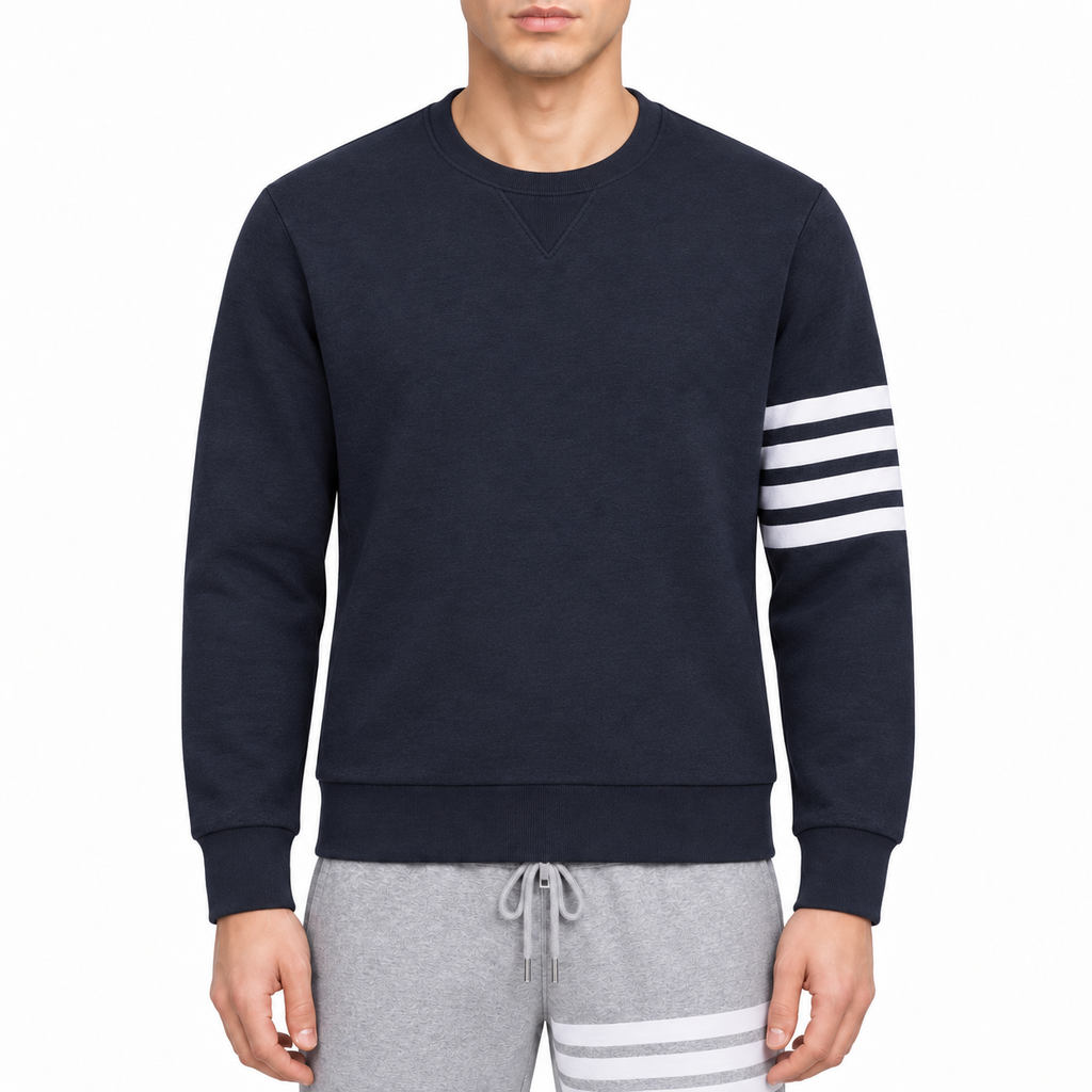 Men's Classic Four-Bar Sweatshirt by Thom Browne, modeled on a pure white background