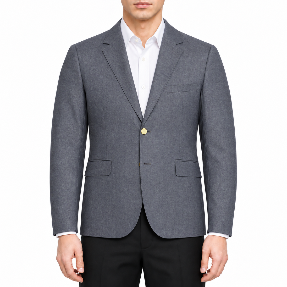 Casual suit by Thom Browne, modeled on a pure white background