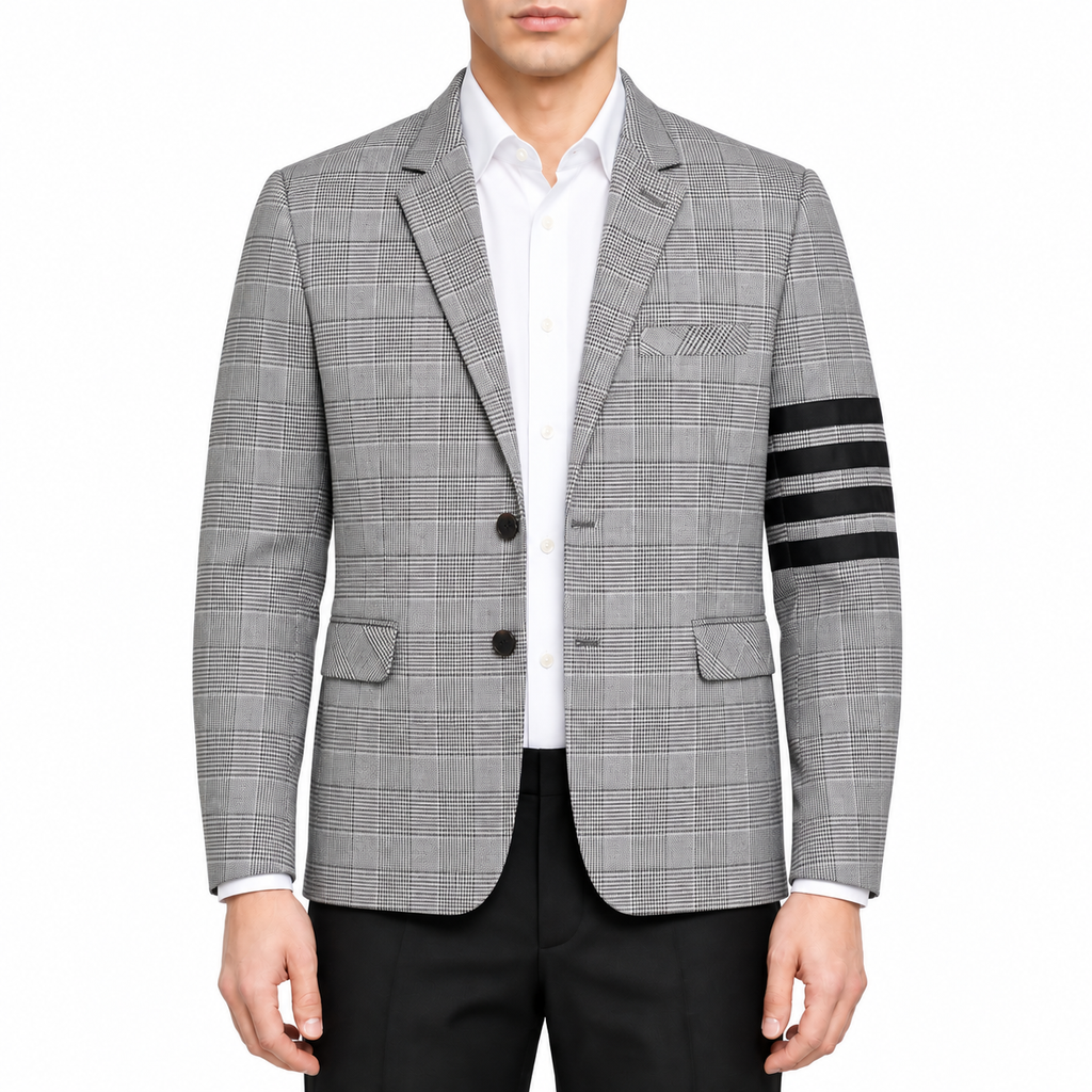 Plaid suit by Thom Browne, modeled on a pure white background