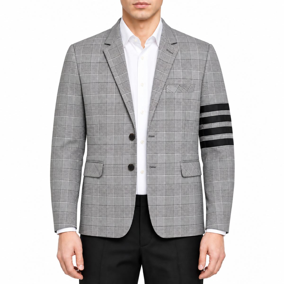 Plaid suit by Thom Browne, modeled on a pure white background