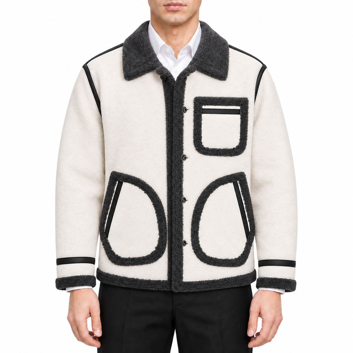 Lapel wool coat by Thom Browne, modeled on a pure white background
