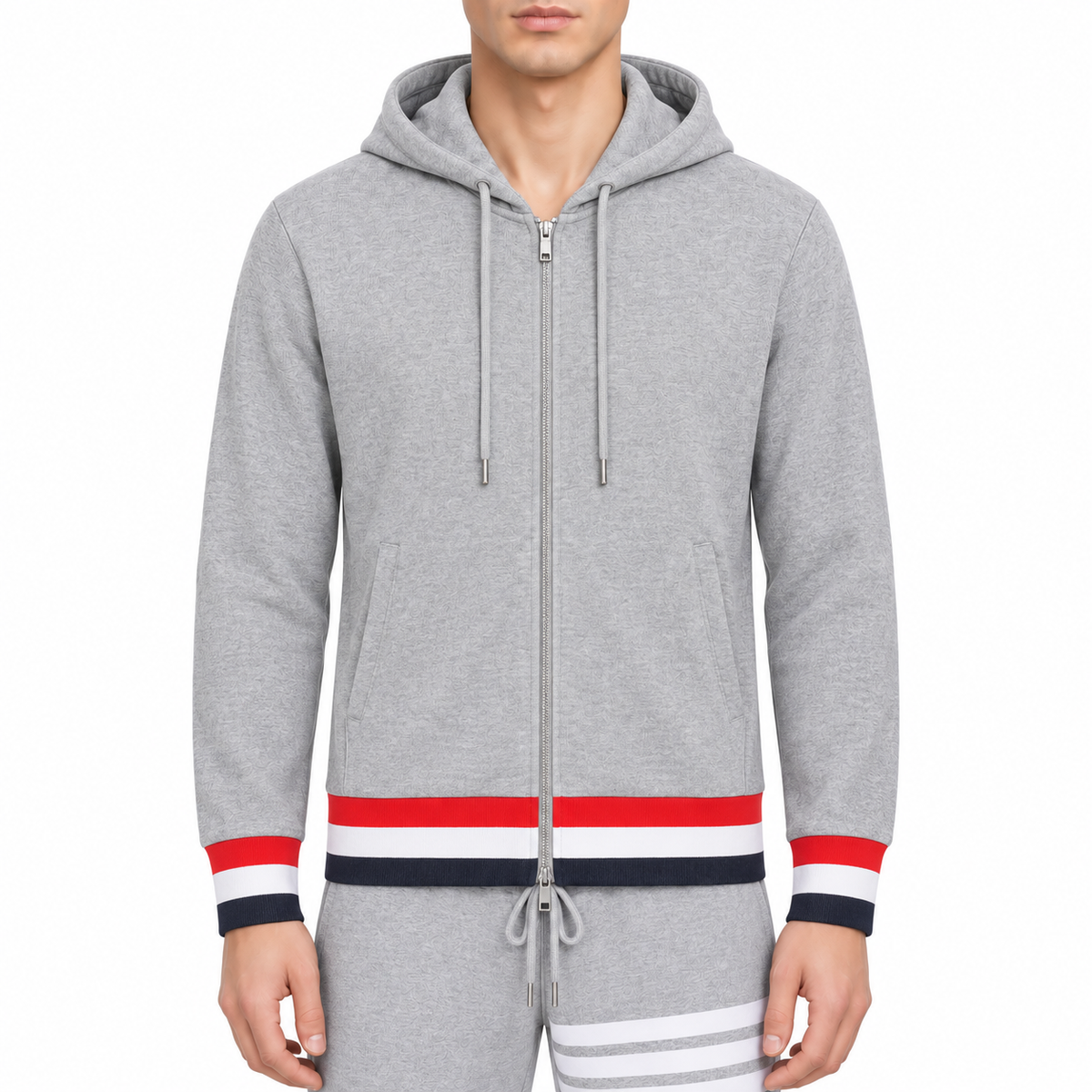 Unisex sweatshirts by Thom Browne, modeled on a pure white background
