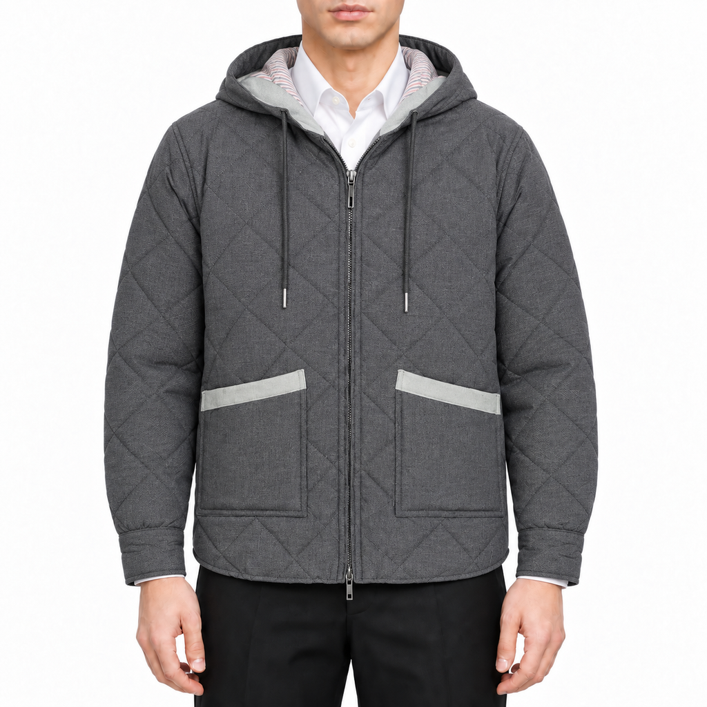 Women's coat by Thom Browne, modeled on a pure white background